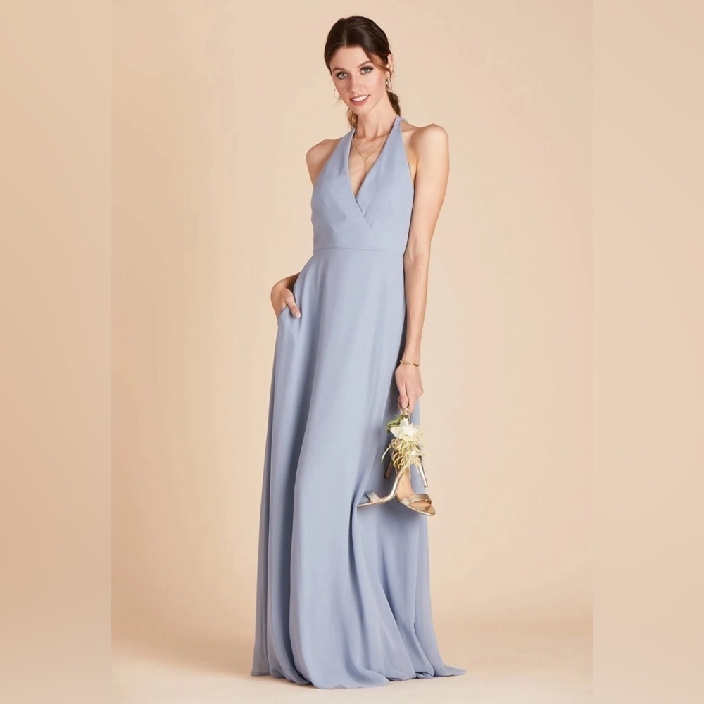 Birdy Grey Halter Chiffon Gown in Dusty Blue